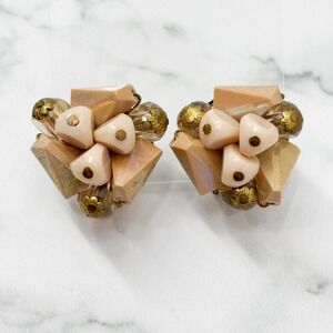 Vintage West Germany Geometric Bead Cluster Clip On Earrings Mid Century 50s 60s